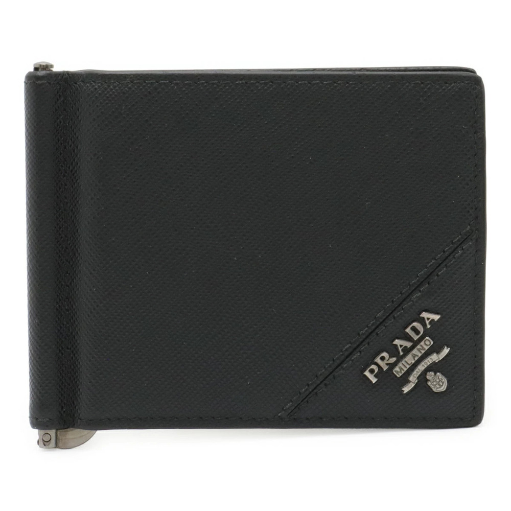 Prada SAFFIANO METAL Bi fold Wallet Bill Clip Leather NERO Black